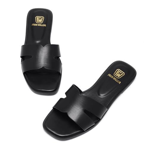 Women's Flat Sandals Dressy Comfortable Slide Sandals Fashion Square Open Toe Slip On Beach Sandals for Summer2