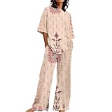 2024 - Conjunto de ropa de descanso para mujer, estilo informal, de verano, cuello redondo, manga corta, estampado floral, camiseta con pantalones, talla grande, 2 conjuntos de pantalones para madre
