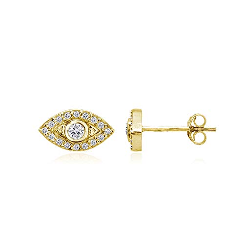 Hoops & Loops 925 Sterling Silver Evil Eye Round Bezel-Set Cubic Zirconia Dainty Stud Earrings for Women Men, Silver, Yellow Gold, Rose Gold