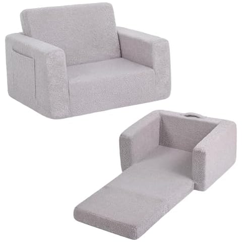 Tiita Kids Sofa, 2-in-1 Kids Sofa Chair, Convertible Children Couch to Lounger, Flip Out Kids Sofa Chair, Toddler Armrest Chair Bed, Folding Kids Play Sofa for Girl or Boy (Grey) Cover