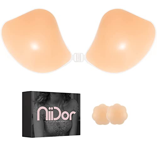 Image of Niidor Sticky Bra, Strapless Adhesive Bra for Women, Invisible Siliocne Bra with Nipple Covers for Backless Dress Nude