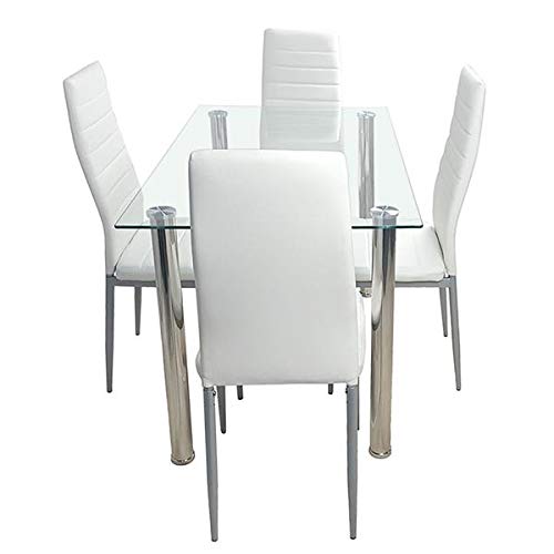 Dining Table Set For 4, Small Tempered Glass Dining Room Table Set, Kitchen Table And Chairs For Small Spaces, Transparent,White Modern 110Cm, Stainless Steel Pu Leather #TOP6