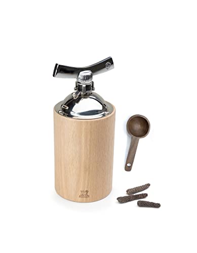 Peugeot Isen Long Pepper and Large Peppercorn Mill, 6.25 inch, Natural - With Wooden Spice Scoop Spoon
