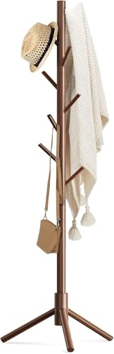 Image of Ash & Roh Natural Wooden Coat Rack Stand With Hooks Adjustable Height, Easy Assembly, Sturdy Solid Base for Coats, Hats, Handbags Entryway, Hallway, Bedroom, Office (Walnut, 92-2)