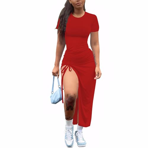Image of Nimsruc Women Sexy Summer Dresses Short Sleeve Thigh-high Slit Ruched Bodycon Maxi Club Cocktail Party Dress