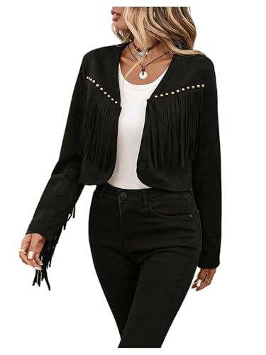 Floerns Women's Western Faux Suede Open Front Jacket Fringe Beaded Long Sleeve Crop Coat