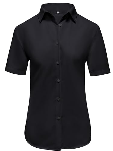 Ruisin Black Button Down Shirt Solid Short Sleeve Dress Shirts Fitted Formal Office Button-Down Blouse Womens Collared Tunic Tops Black Size XS