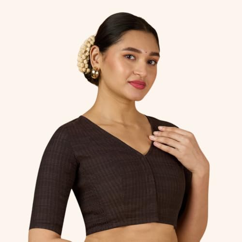 Image of Studio Shringaar Women Cotton Half Sleeve Madras Checks Saree Blouse with Stretchable Sides