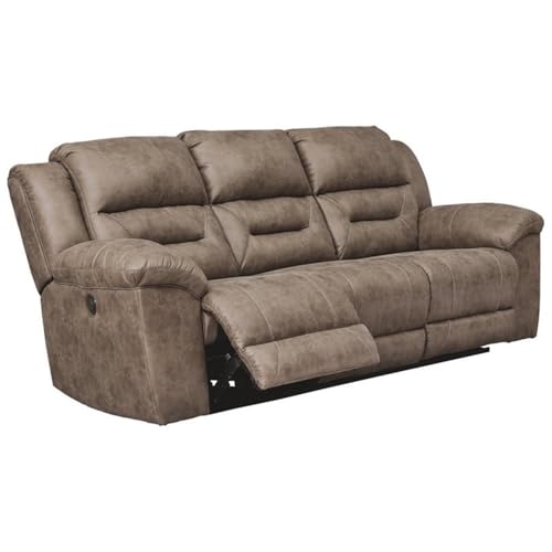 Image of Signature Design by Ashley Stoneland Faux Leather Power Reclining Sofa, Light Brown