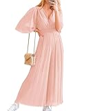 BTFBM Women Chiffon Wrap V Neck Summer Jumpsuit Spring Mesh Half Sleeve Elastic Waist Pleated Wide Leg Long Pants Romper(Solid Apricot, Medium)