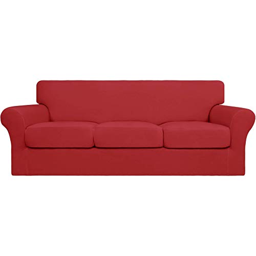 Image of Easy-Going 4 Pieces Stretch Sofa Cover for 3 Cushion Couch Washable | Sofa Slipcover for Stretch 3 Separate Sectional Cushion Couch - Furniture Protector for Pets, Kids Christmas Red