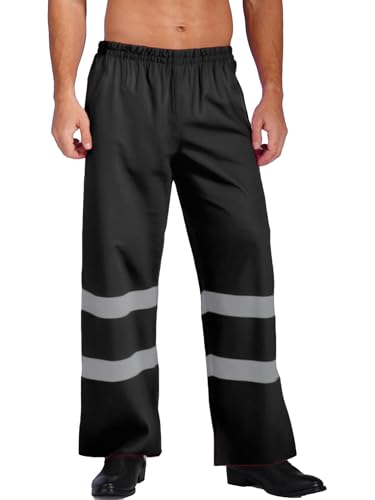easyforever Men's Hi Vis Reflective Rain Pants Elastic Waistband Wide Leg Safety Pants Rain Gear Black Large