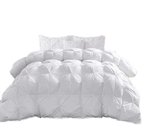 White All Season Down Pintuck Comforter- Oversized Queen Size 98 x 98 Inches 1 pc Pinch Pleated Duvet, 550 GSM with Corner Tabs 100% Egyptian Cotton- White Solid