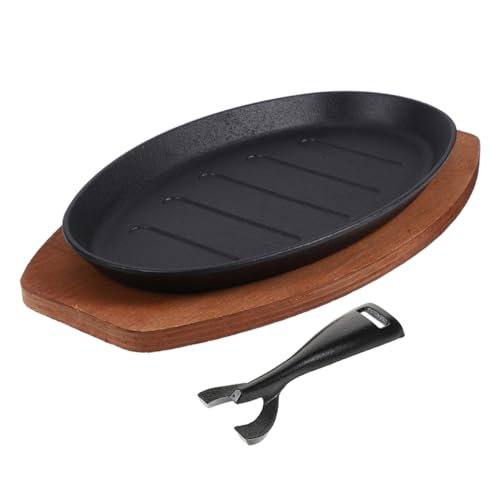 BIUDECO Cast Iron Sizzling Steak Plate 12-inch Rectangular Bbq Grill Pan Red Wooden Base and Fork, Non-stick Teppanyaki Hot Plate for Indoor Grilling and Family Dining