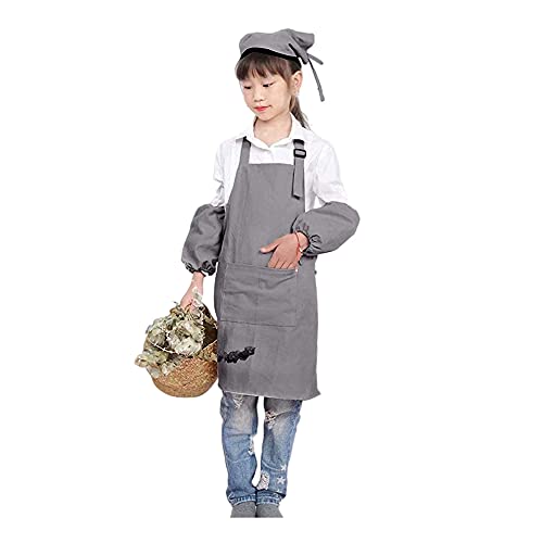 子供用エプロン 幼児 エプロン こども 三角巾 子供 袖カバー 子ども 着脱簡単 キッズ 3点セット 女の子 男の子 綿100％ 色落ちしない ホコリが付くにくい 小学生 家庭科 調理実習(低学年用(100~130cm) M, ダークグレー)
