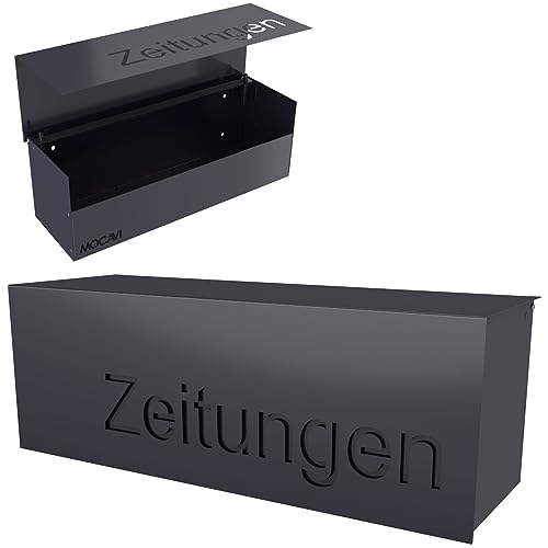 Zeitungsrolle XXL geschlossen anthrazit großes Zeitungsfach mit Beschriftung Zeitungen modernes Design-Zeitungsfach RAL 7016 grau Zeitungsbox eckig wetterfest modern robust MOCAVI ZF 2b Regenschutz