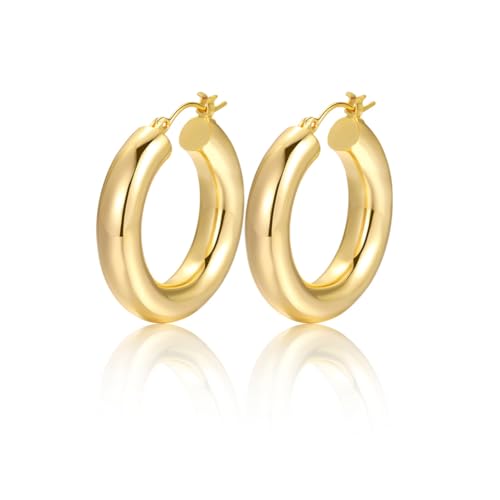 Image of Shining Diva Fashion Anti Tarnish Jewellery Celebrity Inspired 14k Real Gold Plated Simple Plain Link Chain Chunky Huggie Hoop Trendy Stylish Copper Earrings for Women Girls