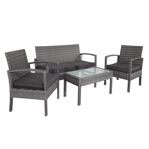 Casaria® Gartenmöbel Set Wetterfest 4 Personen Outdoor inkl. Auflagen Polyrattan 2 Sessel Gartenbank Tisch Garten Terrasse Balkon Möbel Lounge Grau