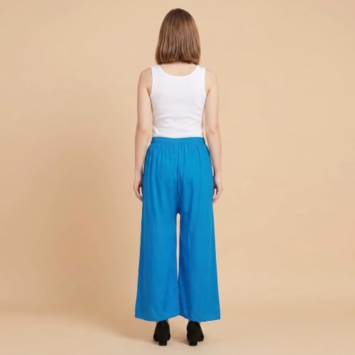 Image of FASHION GALLERY Women's Solid Rayon Palazzo Pants | Relaxed Fit Full Length Wide Leg Palazzo | Elastic Waist Comfortable Casual Lounge Office Ethnic Flared Trousers for Women