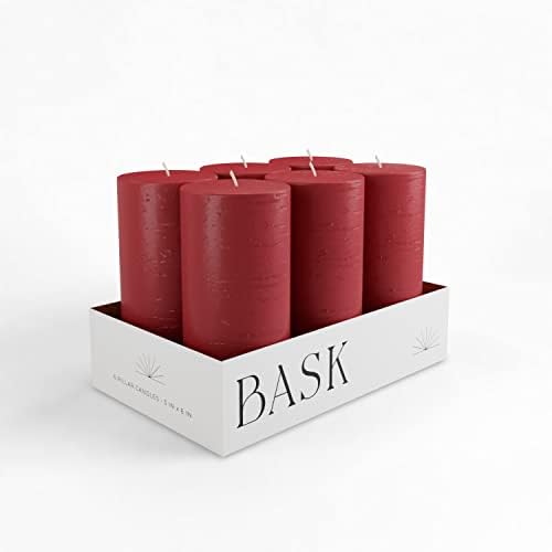 Mottled Pillar Candles by Bask - Set of 6 - 3" x 6" Dripless Unscented Holiday Candles in Cranberry for Home Decor, Relaxation & All Occasions