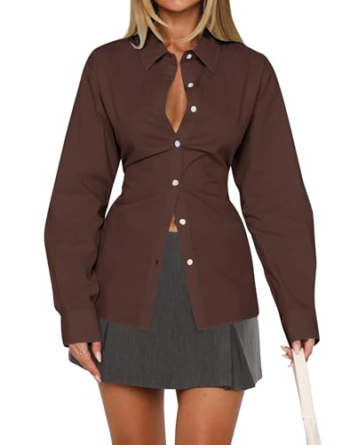 MISSACTIVER Women's Lapel Collar Button Down Shirt Cinch Waist Long Sleeve Casual Work Dressy Tunics Blouse Corset Tops（Brown，Large）