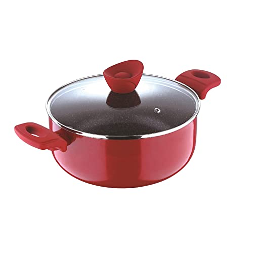 Bergner Bellini Plus Non Stick Casserole/Biryani Pot/Handi with Glass Lid 32cm, 9 Litre, Induction Base, Red, Gas Ready