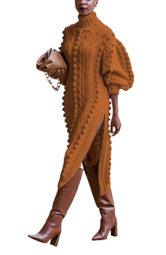 Women's Cable Knit Sweater Midi Dress Turtleneck Long Sleeve Loose Tunic Plus Size Split Sweater Dresses for Fall2