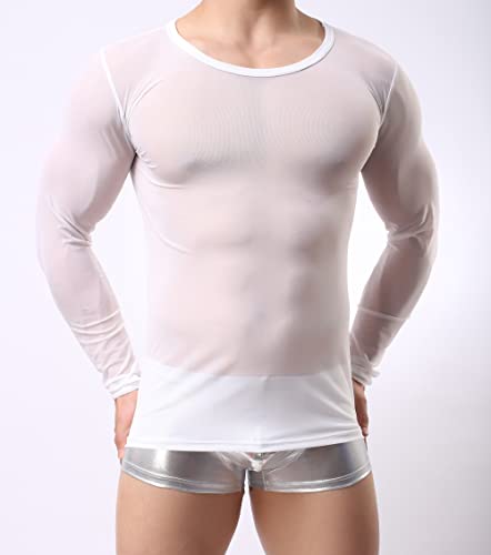 Men's Sexy Mesh Transparent T-Shirt Long Sleeve Round Neck Undershirt2