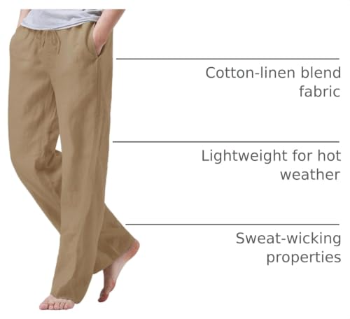 Image of iWoo Linen Pants Men Casual 2025 Summer Beach Elastic Drawstring Waist Yoga Pants Travel Baggy Work Pant Pajama