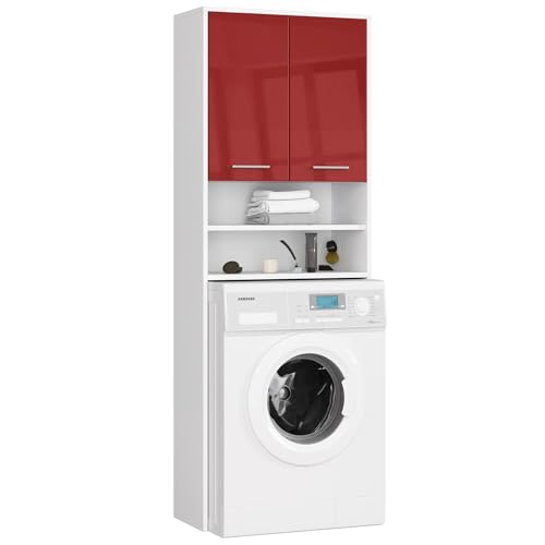 Home Collective Waschmaschinen-Badezimmerschrank - 64 cm breit, 180 cm hoch, Weiß-Rot Hochglanz - Hochwertige laminierte Platte, großzügiger Stauraum mit 4 Regalen, ABS-Kanten, Silbergriffe