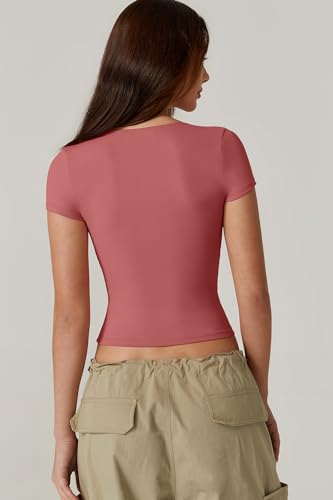 QINSEN Women's V Neck Short Sleeve T Shirts Double Lined Tee Seamed Cup Going Out Tops2