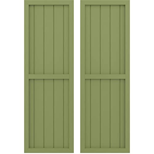 17 1/2"W x 61"H Americraft Five Board Exterior Real Wood Two Equal Panel Framed Board-n-Batten Shutters (Per Pair), Moss Green