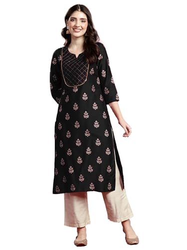 Image of Women's Embroidered Kurti, Ethnic Floral Motif Print, 3 /4 Sleeves, Side Slit