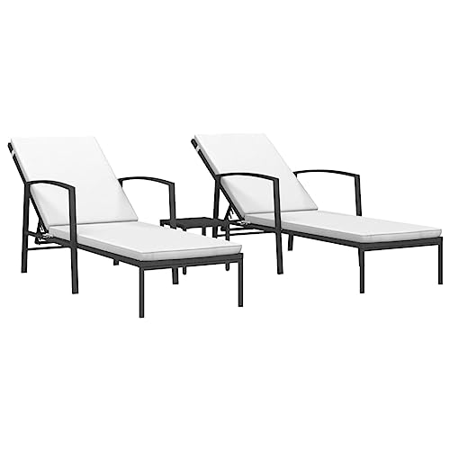 JHQHSM Juego de 2 tumbonas con mesa de ratán sintético resistente en color negro, muebles de jardín con respaldo ajustable y marco de acero para terraza y balcón, relajación al aire libre