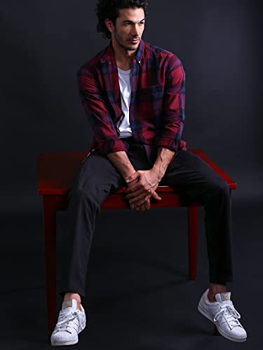 Image of THE BEAR HOUSE Men's Cotton Slim Flannel Button-Down Casual Shirt |Maroon |L |TBH-UBER-MR-L |
