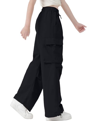 Image of AOWKULAE Girls Cargo Pants Baggy Drawstring Parachute Pants 5-16 Years | High Waist, Elastic Waist,Y2K Style,Comfortable and Loose Fit,Daily Casual Outfits