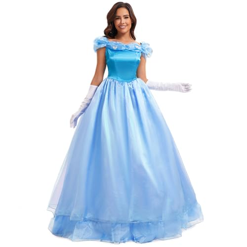 DUWEIKE Halloween Kostüme Erwachsene Märchen Cinderella Kleid Hochzeit Prom Cosplay Kostüm Zubehör,Blau,XL