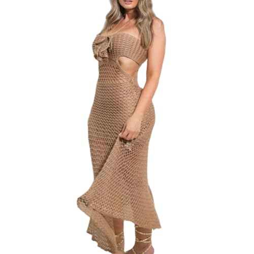 Women Halterneck Beach Coverup Dress Knitted Swimsuit Coverups Crochet Beach Dress Full Length Beach Coverup Dress