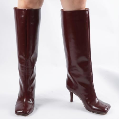 Image of DOBOYG Knee High Suede Boots for Women Wide Calf Square Toe Tall Boots | Stiletto High Heels Pull On Fashion Long Booties