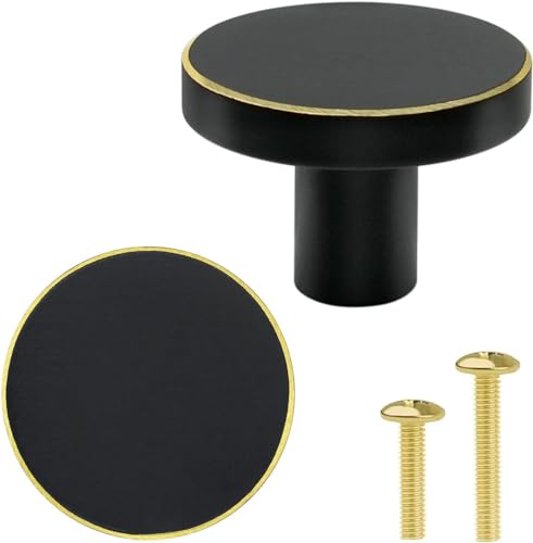 Vandicka 4 Pcs Solid Brass Knobs and Screws - Black Cabinet Door Knobs & Drawer Pulls – Round Brass Handles for Kitchen Cupboard Dresser Wardrobe, 28 * 20 mm
