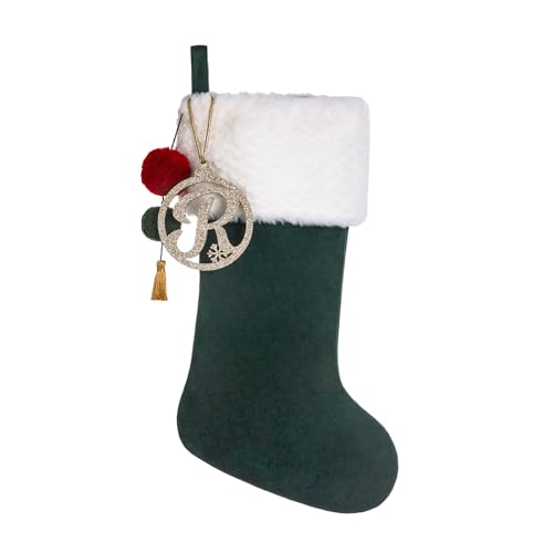 Pxniy Personalized Green Velvet Christmas Stocking, Gold Wooden Initial
