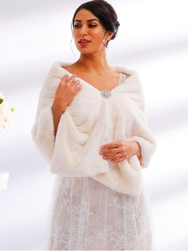 Women Wedding White Faux Fur Shawl and Wrap Bridal Stole Cape Sleeveles Shrug Scarf for Brides and Bridesmaids4