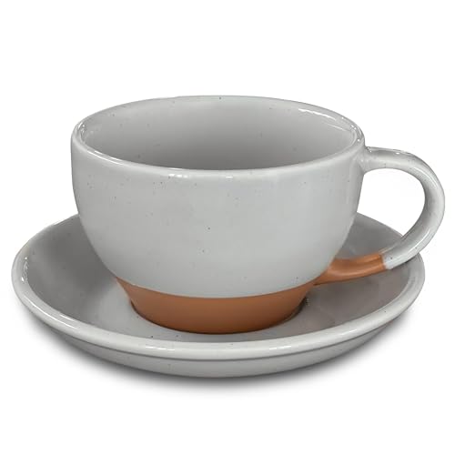 MORA Ceramic Latte Art Mug With Saucer - 10.5 oz, Round Bottom For Perfect Pours - Cafe Cups for Cappuccino, Espresso, Coffee, Tea etc - Porcelain Set for Baristas, Great Gift - Earl Grey