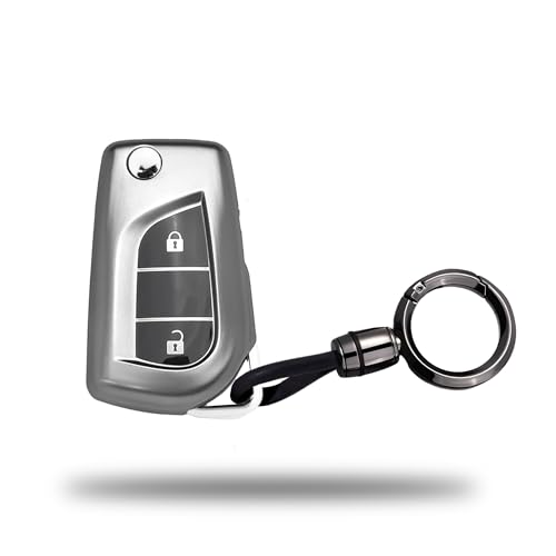 Image of SIAGO TPU Key Cover and Round Keychain Compatible for Toyota Corolla | Altis | Innova Crysta 2 Button Car Smart Key (Grey)