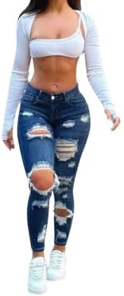 Women's High-Waisted Skinny Distressed Jeans - Slimming and Lifting Fit with Stretch Denim