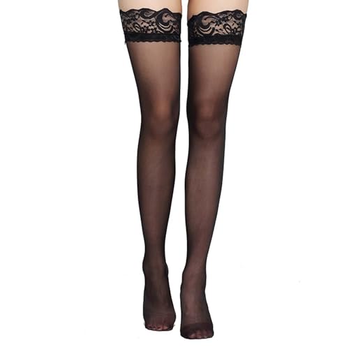 Thigh high stockings, Antiskid Silicone Lace Nylon Stay Up Semi Sheer Pantyhose for Women