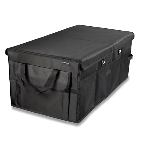 LIONSTRONG® Caja organizadora para maletero – Plegable y antideslizante con asas y compartimentos para coches pequeños, berlinas y SUV – Para compras, herramientas y viajes, compacta y resistente
