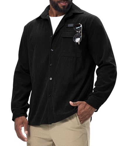 Danfiki Men's Button Down Shirts Corduroy Long Sleeve Jacket with Pocket Casual