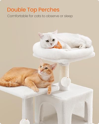 Image of Feandrea Cat Tree, 44.1-Inch Cat Tower, Plush Multi-Level Condo with 4 Scratching Posts, 2 Perches, Hammock, Cave, Cream White UPCT261T01