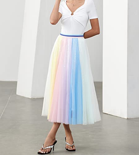 Dwirapal Sequin Long Tulle Skirt 4 Layered Flowy Fairy Sparkle Party Mesh Tea Length Big Hem Skirts For Women #TOP6
